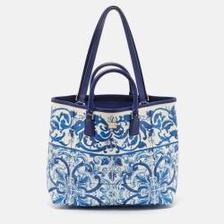 Pre Owned Dolce & Gabbana Blue/White Majolica Print Leather Miss Escape Tote