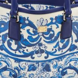 Pre Owned Dolce & Gabbana Blue/White Majolica Print Leather Miss Escape Tote