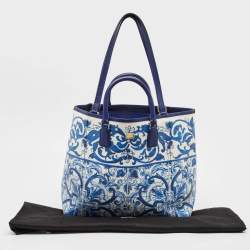 Pre Owned Dolce & Gabbana Blue/White Majolica Print Leather Miss Escape Tote