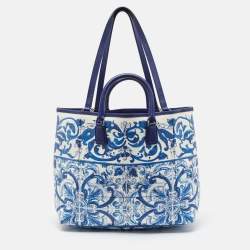 Pre Owned Dolce & Gabbana Blue/White Majolica Print Leather Miss Escape Tote