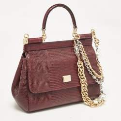 مملوكة مسبقًا Dolce & Gabbana Burgundy Lizard Embossed Leather Small Miss Sicily Top Handle Bag