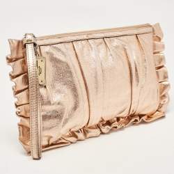 Pre Owned Dolce & Gabbana Rose Gold Leather Ruffle Wristlet Clutch
