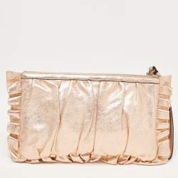 Pre Owned Dolce & Gabbana Rose Gold Leather Ruffle Wristlet Clutch
