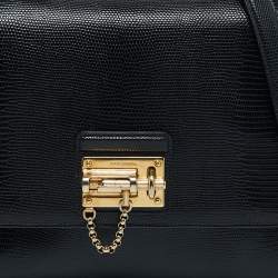 Pre Owned Dolce & Gabbana Black Lizard Embossed Leather Medium Miss Monica Top Handle Bag