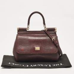 Dolce & Gabbana Burgundy Lizard Embossed Leather Small Miss Sicily Top Handle Bag