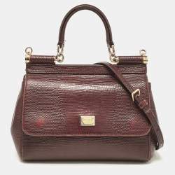 Dolce & Gabbana Burgundy Lizard Embossed Leather Small Miss Sicily Top Handle Bag