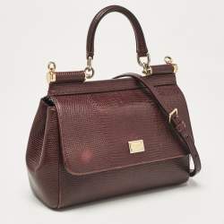 Dolce & Gabbana Burgundy Lizard Embossed Leather Small Miss Sicily Top Handle Bag