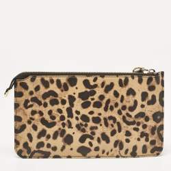 Dolce & Gabbana Brown/Black Leopard Print Coated Canvas Wristlet Clutch