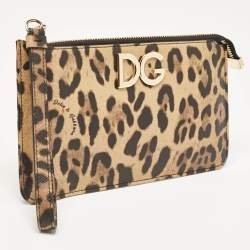 Dolce & Gabbana Brown/Black Leopard Print Coated Canvas Wristlet Clutch