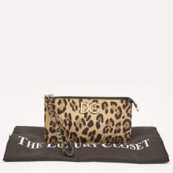 Dolce & Gabbana Brown/Black Leopard Print Coated Canvas Wristlet Clutch