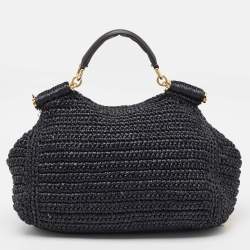 Dolce & Gabbana Black Crochet Straw and Leather Large Miss Sicily Top Handle Bag