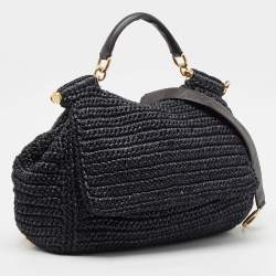 Dolce & Gabbana Black Crochet Straw and Leather Large Miss Sicily Top Handle Bag