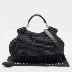 Dolce & Gabbana Black Crochet Straw and Leather Large Miss Sicily Top Handle Bag
