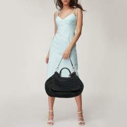 Dolce & Gabbana Black Crochet Straw and Leather Large Miss Sicily Top Handle Bag