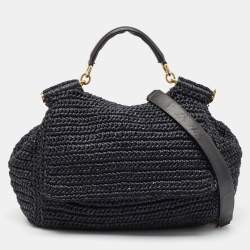 Dolce & Gabbana Black Crochet Straw and Leather Large Miss Sicily Top Handle Bag