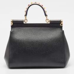 Pre Owned Dolce & Gabbana Black Leather Medium Studded Miss Sicily Top Handle Bag