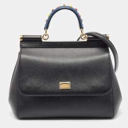 Pre Owned Dolce & Gabbana Black Leather Medium Studded Miss Sicily Top Handle Bag