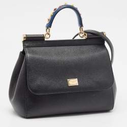 Pre Owned Dolce & Gabbana Black Leather Medium Studded Miss Sicily Top Handle Bag