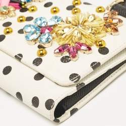 Pre Owned Dolce & Gabbana White/Black Polka Dot Print Leather Miss Sicily Von Embellished Wallet on Chain