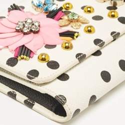 Pre Owned Dolce & Gabbana White/Black Polka Dot Print Leather Miss Sicily Von Embellished Wallet on Chain