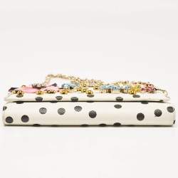 Pre Owned Dolce & Gabbana White/Black Polka Dot Print Leather Miss Sicily Von Embellished Wallet on Chain