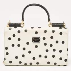 Pre Owned Dolce & Gabbana White/Black Polka Dot Print Leather Miss Sicily Von Embellished Wallet on Chain
