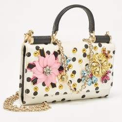 Pre Owned Dolce & Gabbana White/Black Polka Dot Print Leather Miss Sicily Von Embellished Wallet on Chain