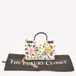 Pre Owned Dolce & Gabbana White/Black Polka Dot Print Leather Miss Sicily Von Embellished Wallet on Chain