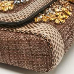 Dolce & Gabbana Brown Raffia and Snakeskin Crystals Embellished Padlock Shoulder Bag