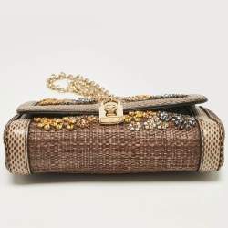 Dolce & Gabbana Brown Raffia and Snakeskin Crystals Embellished Padlock Shoulder Bag