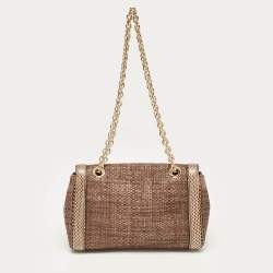 Dolce & Gabbana Brown Raffia and Snakeskin Crystals Embellished Padlock Shoulder Bag