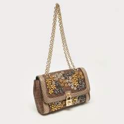 Dolce & Gabbana Brown Raffia and Snakeskin Crystals Embellished Padlock Shoulder Bag