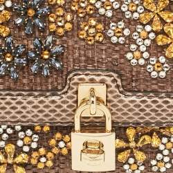 Dolce & Gabbana Brown Raffia and Snakeskin Crystals Embellished Padlock Shoulder Bag