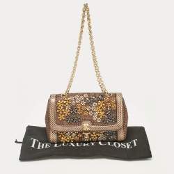 Dolce & Gabbana Brown Raffia and Snakeskin Crystals Embellished Padlock Shoulder Bag