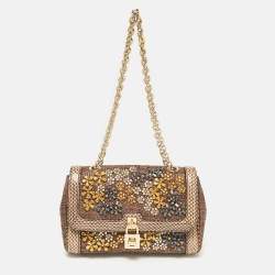 Dolce & Gabbana Brown Raffia and Snakeskin Crystals Embellished Padlock Shoulder Bag