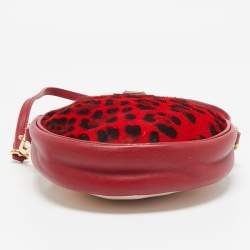 Dolce & Gabbana Red/Pink Leopard Calfhair and Leather Round Crossbody Bag