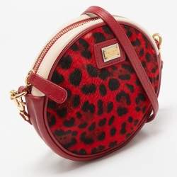 Dolce & Gabbana Red/Pink Leopard Calfhair and Leather Round Crossbody Bag