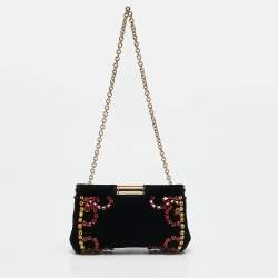 Pre Owned Dolce & Gabbana Black Velvet Crystals Embellished Frame Clutch Bag