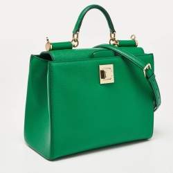 Pre Owned Dolce & Gabbana Green Leather Twist Lock Flap Top Handle Bag