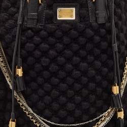 Dolce & Gabbana Black Crochet Fabric and Leather Drawstring Tote