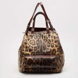 Pre Owned Dolce & Gabbana Burgundy Leopard Print Coated Canvas Miss Pocket Tote