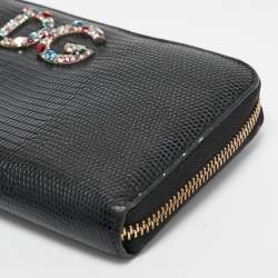 Pre Owned Dolce & Gabbana Black Lizard Embossed Leather DG Crystals Zip Continental Wallet