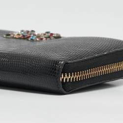 Pre Owned Dolce & Gabbana Black Lizard Embossed Leather DG Crystals Zip Continental Wallet