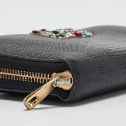 Pre Owned Dolce & Gabbana Black Lizard Embossed Leather DG Crystals Zip Continental Wallet