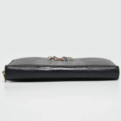Pre Owned Dolce & Gabbana Black Lizard Embossed Leather DG Crystals Zip Continental Wallet