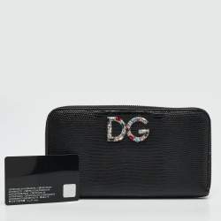 Pre Owned Dolce & Gabbana Black Lizard Embossed Leather DG Crystals Zip Continental Wallet