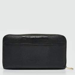 Pre Owned Dolce & Gabbana Black Lizard Embossed Leather DG Crystals Zip Continental Wallet