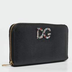 Pre Owned Dolce & Gabbana Black Lizard Embossed Leather DG Crystals Zip Continental Wallet