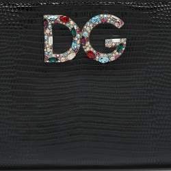 Pre Owned Dolce & Gabbana Black Lizard Embossed Leather DG Crystals Zip Continental Wallet