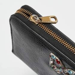 Pre Owned Dolce & Gabbana Black Lizard Embossed Leather DG Crystals Zip Continental Wallet
